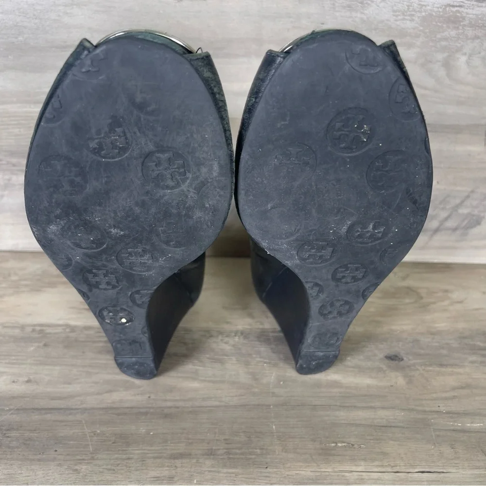Tory Burch Womens 10 Black Leather Sally 2 Peep Toe Wedge Pumps Office Secretary